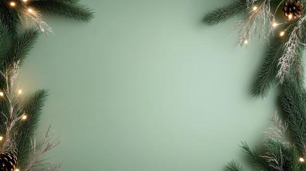 Christmas frame with fir branches and lights on a green background photo