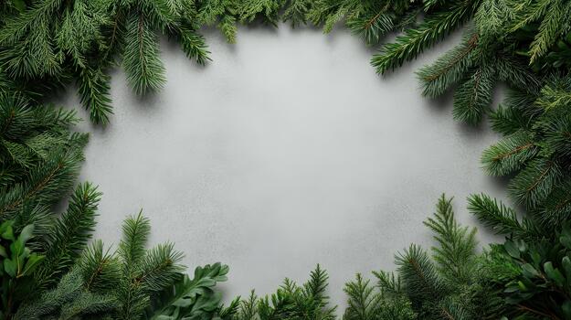 Christmas frame with green fir branches and leaves on a white background photo