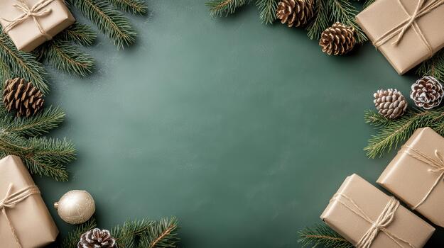 Christmas gifts on green background with copy space for text photo