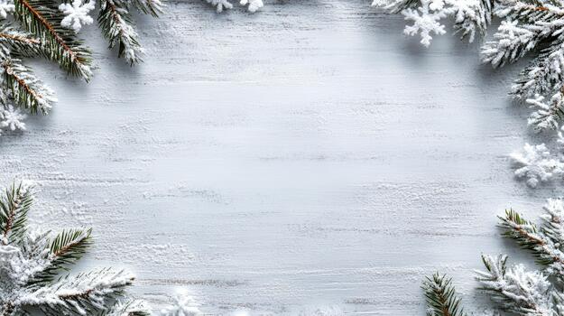 Christmas frame with snowflakes on white wooden background photo