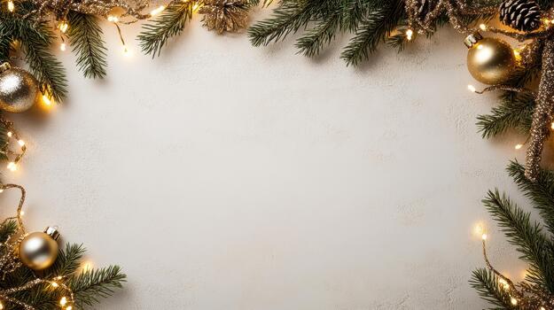 Christmas frame with fir branches and golden balls on a white background photo