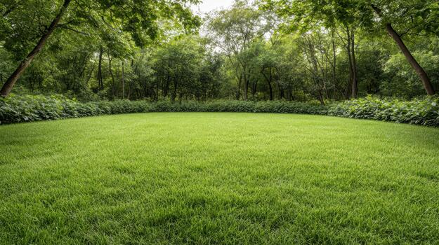 Green lawn in the park with trees and grass photo