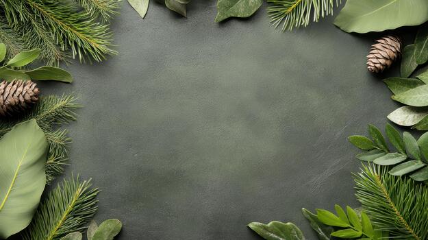 Christmas frame with pine cones, fir branches and leaves on a black background photo