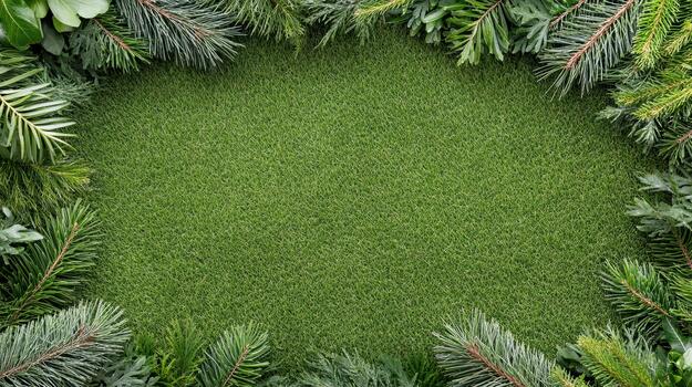 Navidad guirnalda marco con verde césped y pino ramas foto