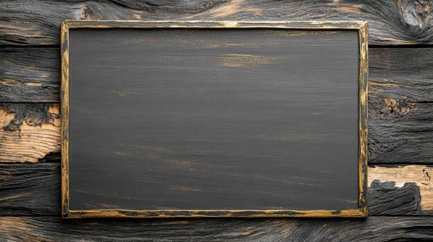 Old wooden frame with black chalkboard on it photo