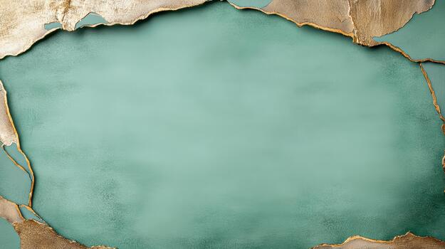 Gold frame with torn paper on a green wall photo