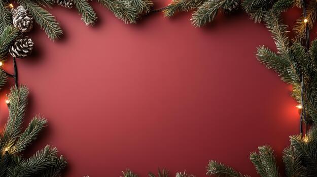 Christmas frame with fir branches and christmas lights on red background photo