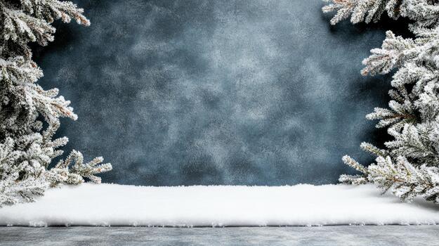 A snowy background with a frame of fir trees photo