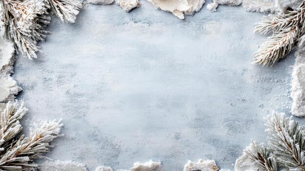 Winter christmas frame with snow and fir branches on a blue background photo