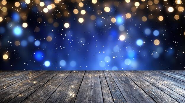 Wooden floor with blue lights and bokeh effect photo