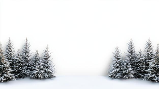 Winter landscape with snow covered trees and blank white background photo