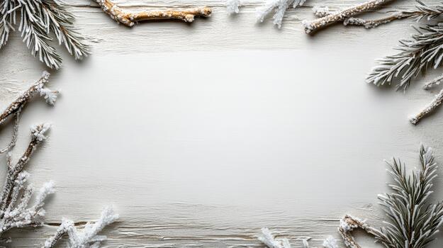 Christmas frame with fir branches and snow on a wooden background photo