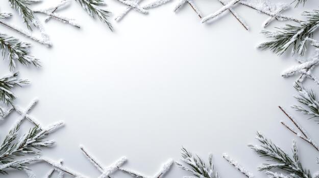 Christmas frame with snow and branches on white background photo