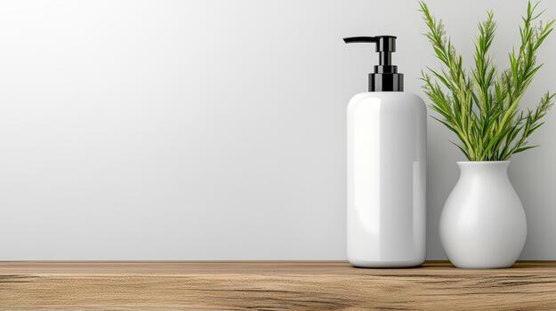 White bottle with soap and spray bottle on wooden table 3d rendering photo