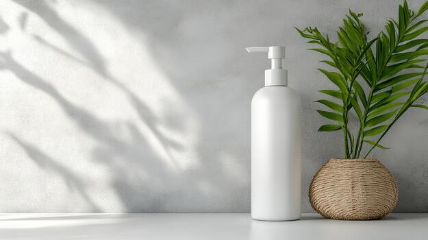 A bottle of soap and a plant on a table with shadow 3d rendering photo