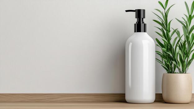 White bottle with soap and plant on wooden floor 3d rendering photo