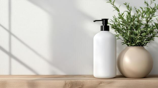 A bottle of soap and a vase of herbs on a wooden table 3d rendering photo