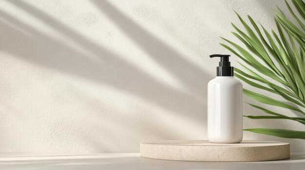 White bottle of soap on a wooden stand with palm leaves on a white background 3d render photo