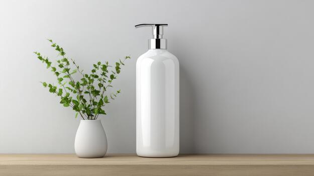 White soap dispenser and vase on wooden table 3d rendering photo