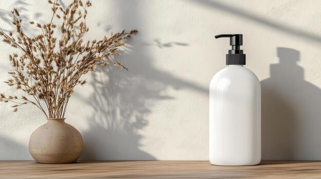 A bottle of soap and a vase of dry grass on a wooden table 3d rendering photo