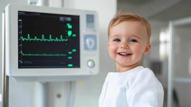A baby smiles while standing in front of an ecg monitor photo