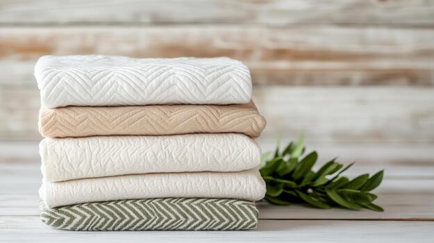 A stack of four towels with a leaf on top photo