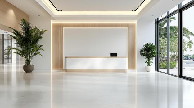 Modern reception desk in a modern office with large windows photo