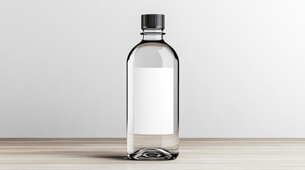 A empty glass bottle on a wooden table photo