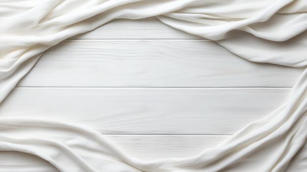 White fabric on a wooden table with a circle frame photo