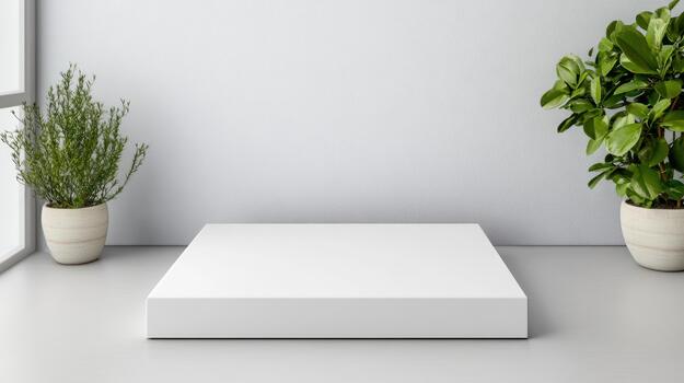 A white box sitting on a table in front of a window photo