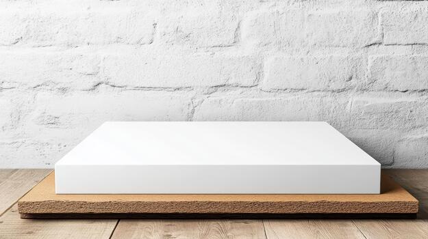 A white square box sitting on top of a wooden table photo