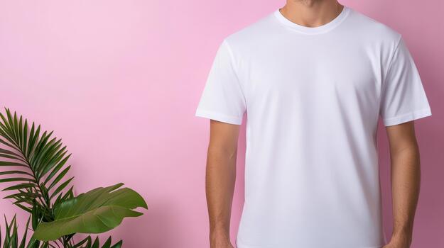 hombre en blanco t - camisa en pie en frente de rosado pared foto