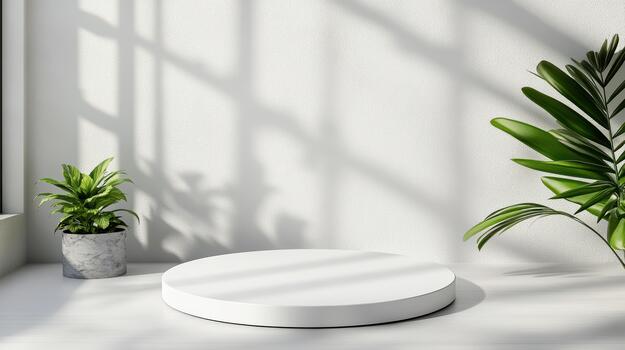 A white round table with plants in front of a window photo