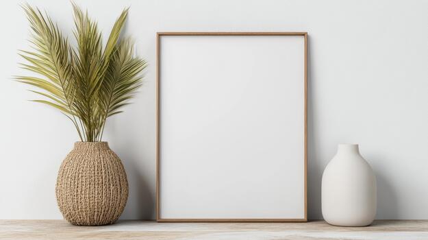 Blank frame mockup with vase and palm tree on white wall 3d render photo