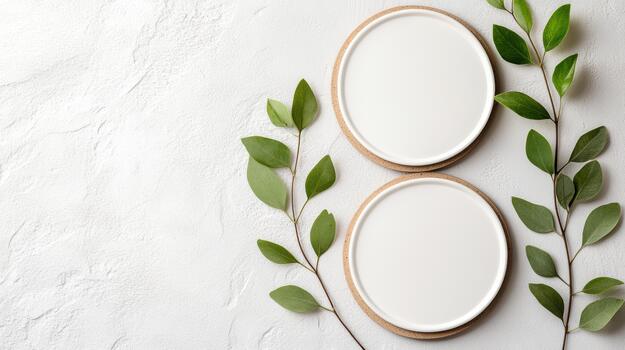 Two round frames with leaves on a white wall photo