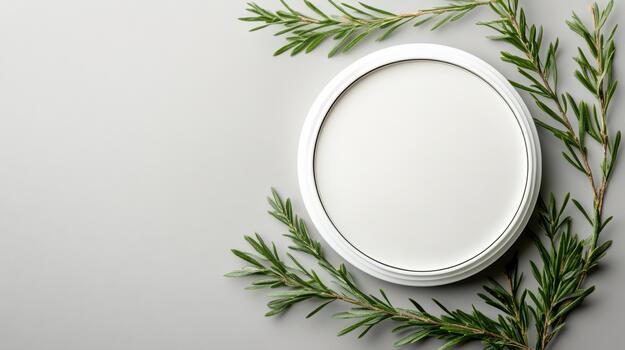 A white oval frame with a branch of rosemary photo