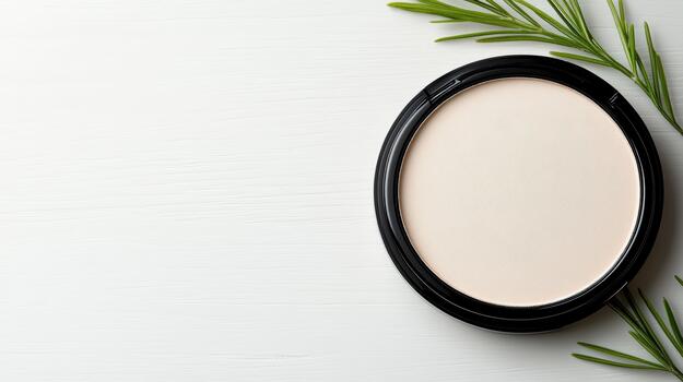 Top view of a round compact powder foundation on a white wooden table with a sprig of rose photo