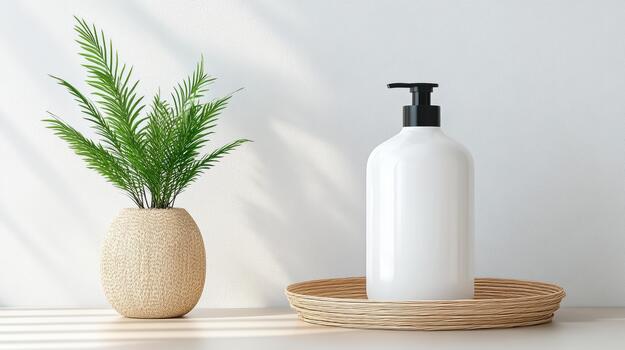 A bottle of soap and a plant on a table with a white background 3d rendering photo