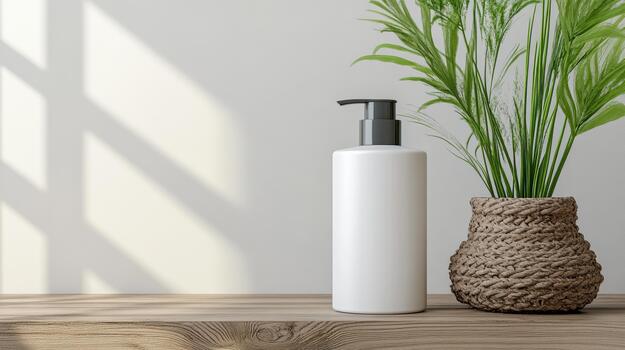 A bottle of lotion and a plant on a wooden table 3d rendering photo