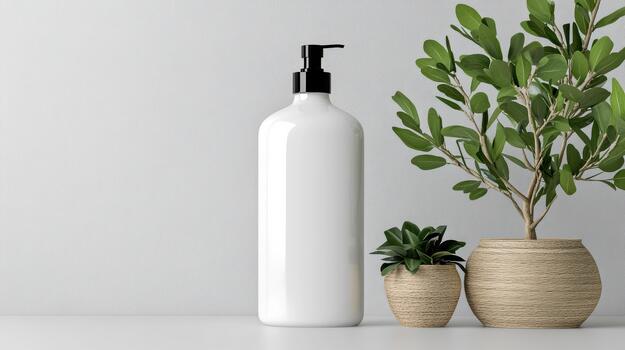 3d render of a bottle and a plant on a table photo