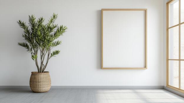 Empty room with a potted plant and a blank frame photo
