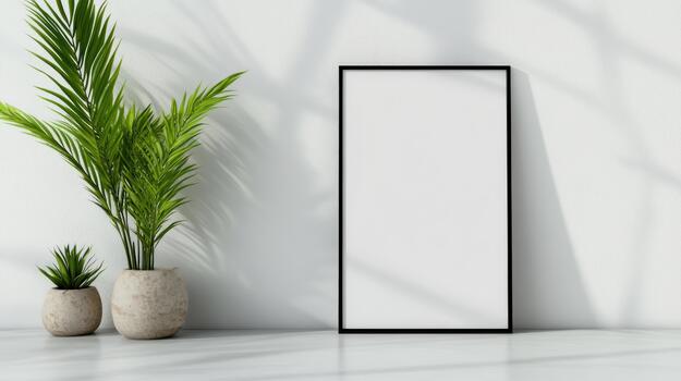 A blank white frame with a plant in front of it photo