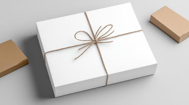 White gift box with brown wrapping and brown boxes on a gray background photo