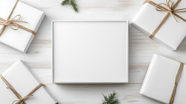 White gift boxes with christmas tree branches and a blank frame on a white wooden background photo