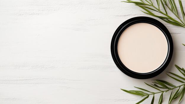 Top view of a round compact foundation on a white wooden table with green leaves, flat lay photo