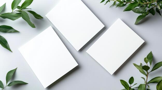 Three white squares on a gray background with green leaves photo