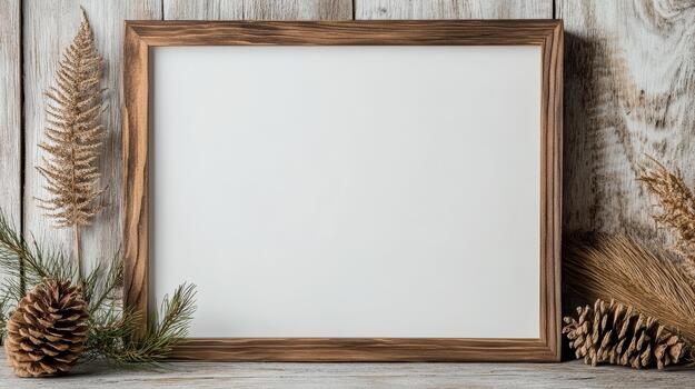 Wooden frame with pine cones and dried fir branches on a rustic background photo