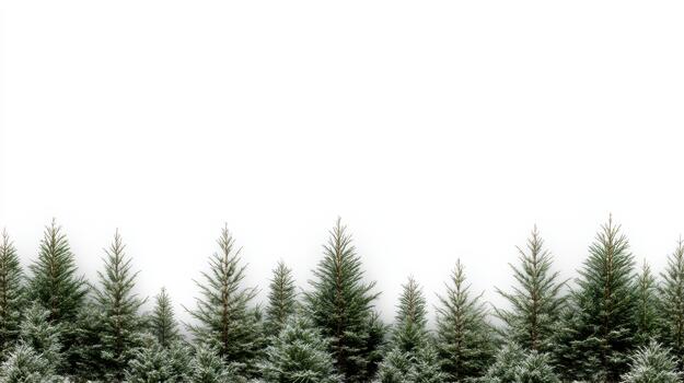 A group of evergreen trees are lined up against a white background photo