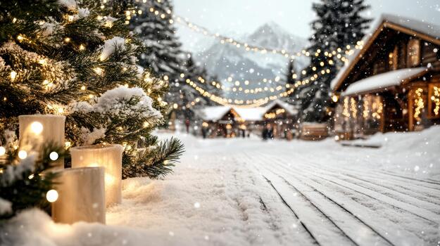 A snowy scene with christmas lights and trees photo