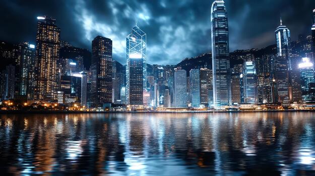Hong kong skyline at night with clouds and water photo